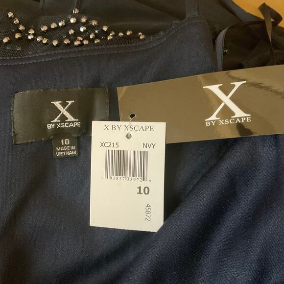 XSCAPE Off the Shoulder Beaded Chiffon Long Evening Gown Blue Size 10 Dress - Picture 9 of 12